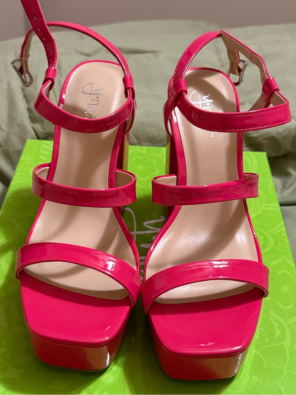 Patent Hot Pink Platform Sandals with Triple Straps and Ankle Buckle